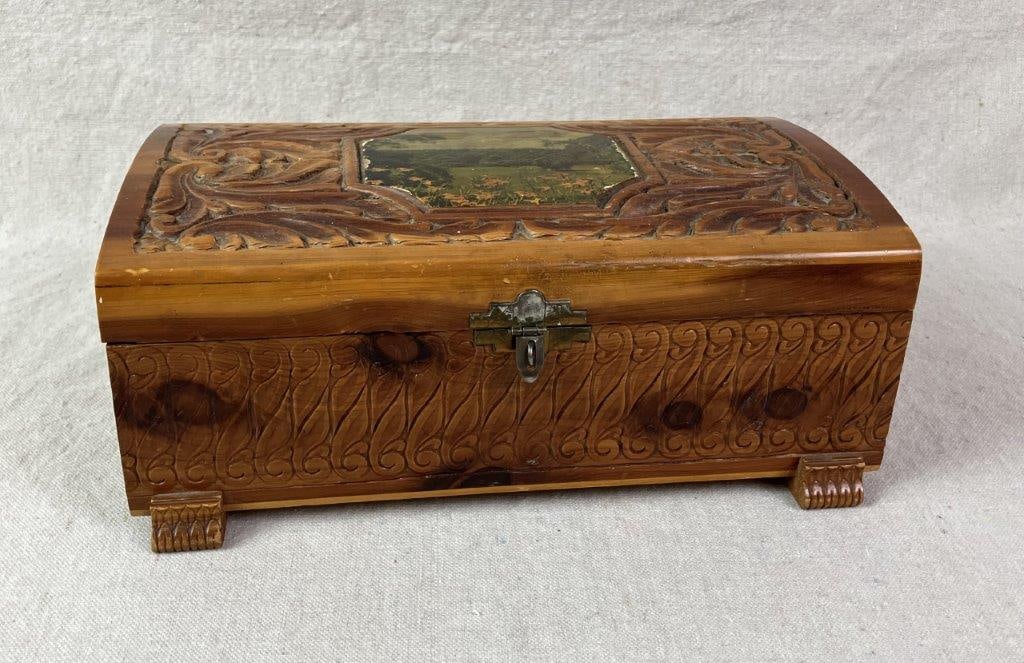 Vintage Cedar Jewelry Box with Brooches - 12