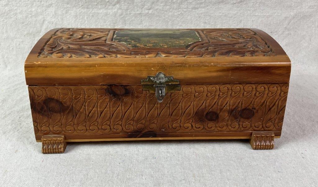Vintage Cedar Jewelry Box with Brooches - 13