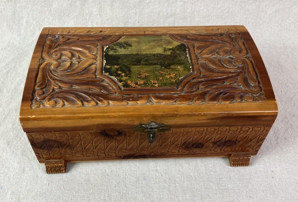 Vintage Cedar Jewelry Box with Brooches - 14