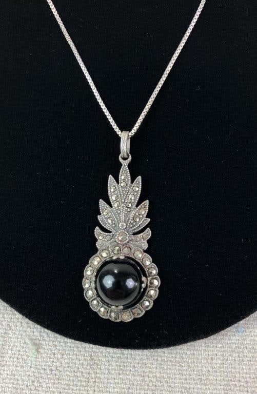 Artisan Sterling Silver Onyx and Marcasite Necklace - 2