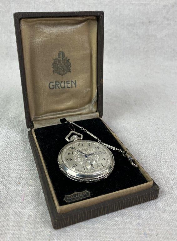 Art Deco Gruen Pocket Watch, 1920s: Art Deco Gruen pocket watch dating to the 1920s, executed in 14 kt gold-filled construction with a silver gilt finish. Case features delicate chased work decoration and a refined, semi-thin profile.