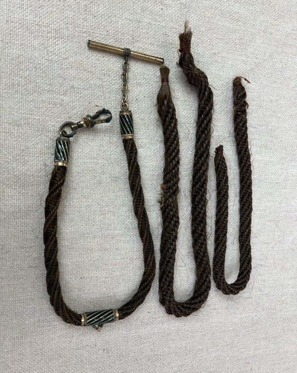 Late 19th Century Hair Mourning Jewelry and Memorial Fob: Victorian-era hair mourning jewelry example, intricately woven as a form of sentimental hair artistry used to honor a loved one after death, accompanied by a memorial watch fob. Watch fob measures