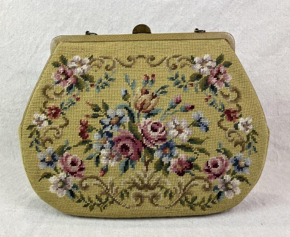 Vintage Floral Needlepoint Tapestry Purse, Mid Century: Vintage structured purse featuring an elegant needlepoint tapestry design with scrolling motifs and rose floral decoration. Finished with goldtone hardware and a mustard yellow faux leather interior.