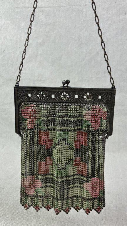 1920s Art Deco Enameled Mesh Evening Purse, Whting and Davis - 5