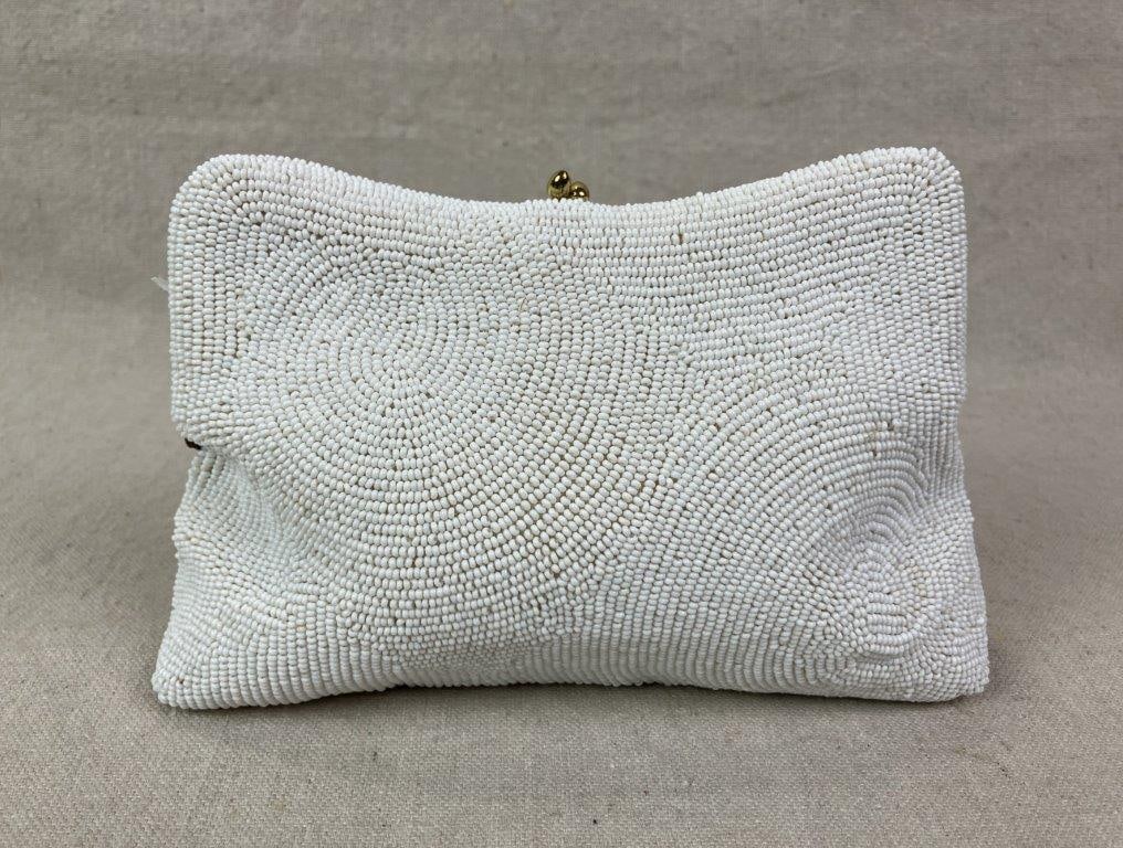 Vintage Saks Fifth Avenue White Beaded Clutch Purse - 3