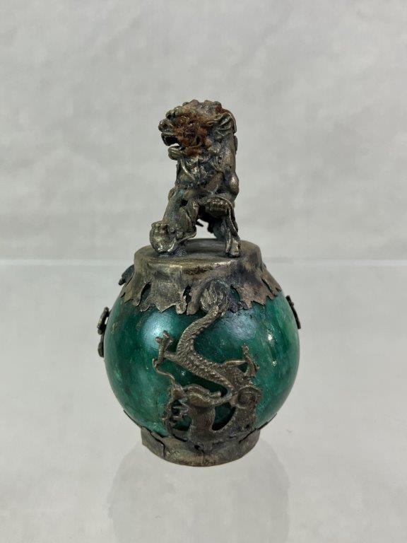 Sterling Silver Chinese Foo Dog and Dragon Nephrite Jade Sculpture - 3