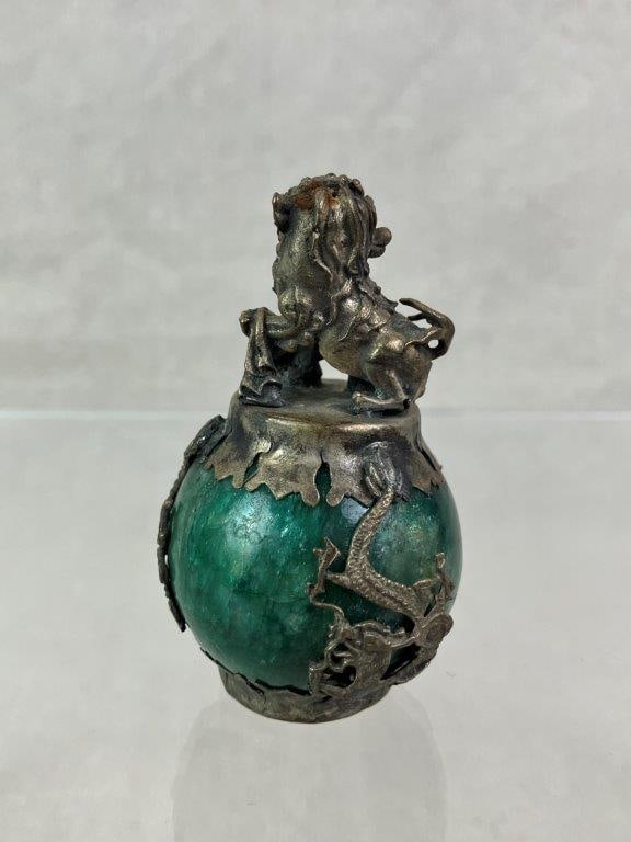 Sterling Silver Chinese Foo Dog and Dragon Nephrite Jade Sculpture - 4