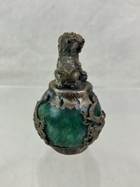 Sterling Silver Chinese Foo Dog and Dragon Nephrite Jade Sculpture - 5