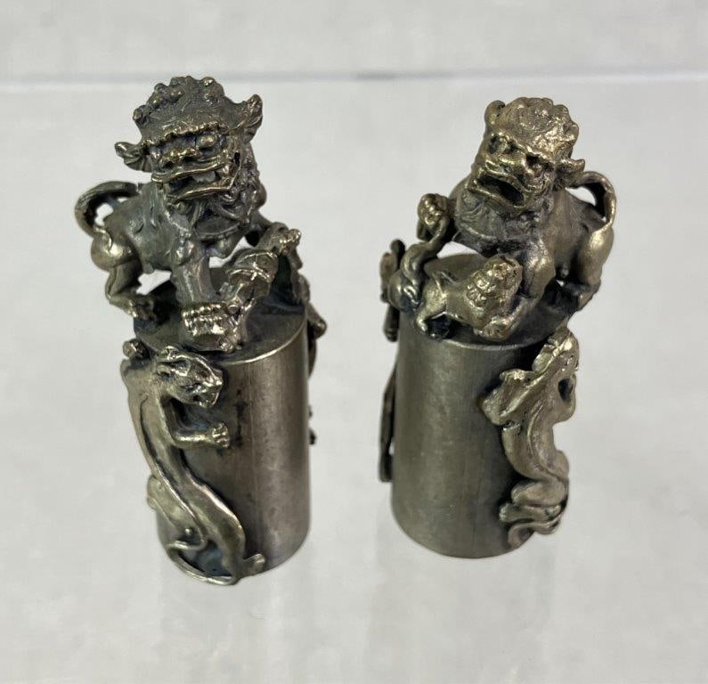 Pair of Sterling Silver Chinese Foo Dog Seals - 2