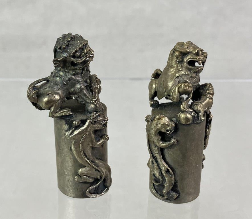 Pair of Sterling Silver Chinese Foo Dog Seals - 6