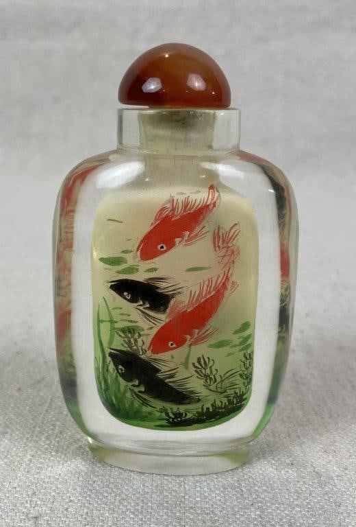 Chinese Reverse Painted Glass Snuff Bottle with Koi Fish - 2