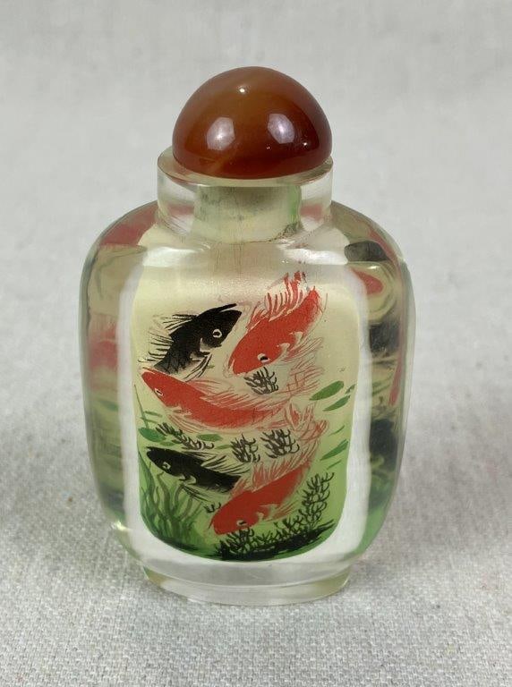 Chinese Reverse Painted Glass Snuff Bottle with Koi Fish - 4