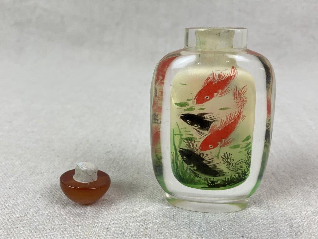 Chinese Reverse Painted Glass Snuff Bottle with Koi Fish - 6