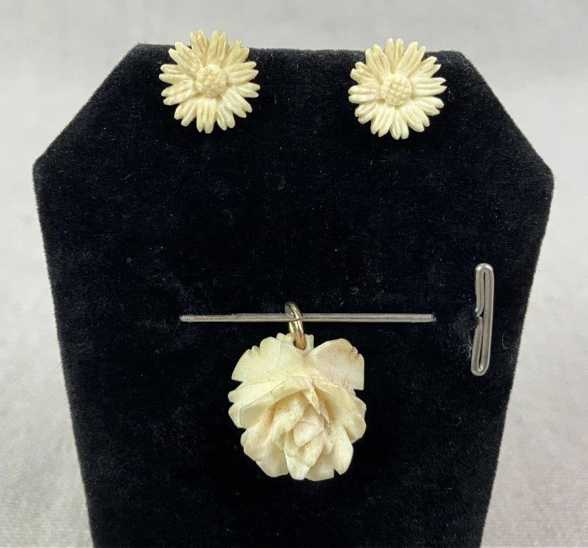 Bone Carved Flower Pendant and Earrings - 2