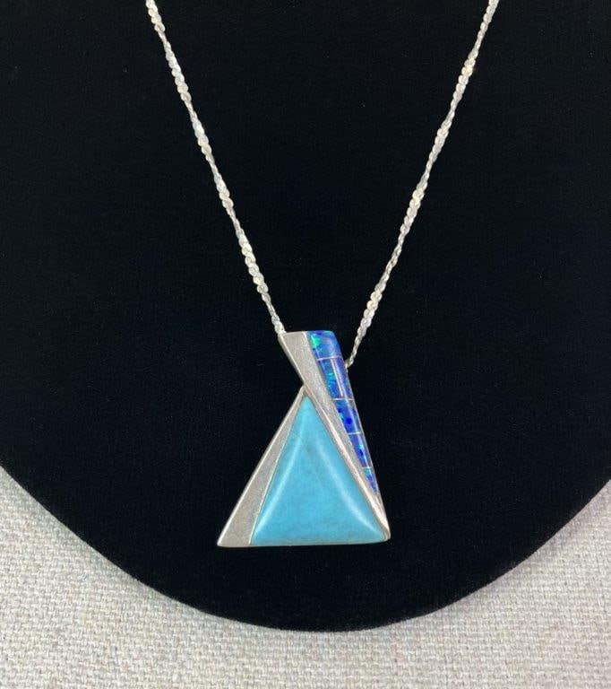 Sterling Silver, Turquoise, and Blue Opal Triangle Necklace - 2