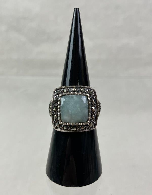 Sterling Silver, Jade, and Marcasite Ring - 2