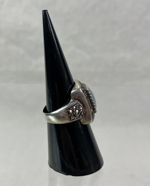 Sterling Silver, Jade, and Marcasite Ring - 3