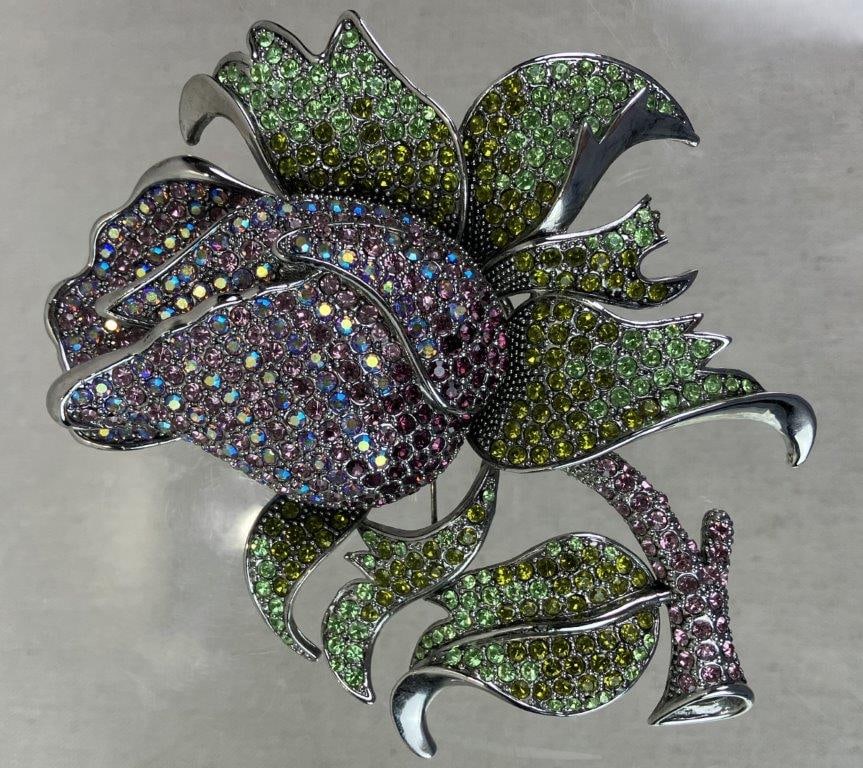 Massive Costume Jewelry Silvertone and Rhinestone-Style Rose Brooch - 2
