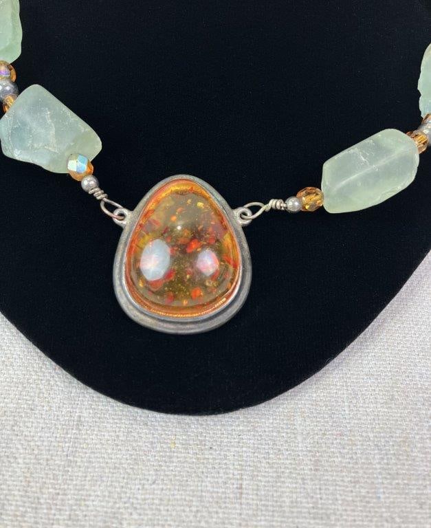 Sterling Silver, Amber, and Prehnite Artisan Necklace - 2