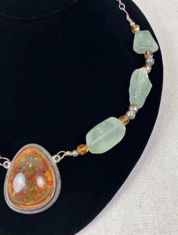 Sterling Silver, Amber, and Prehnite Artisan Necklace - 3