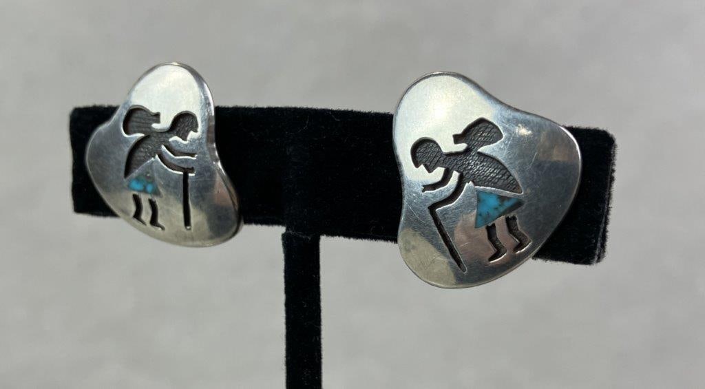Native American Sterling Silver Kokopelli Turquoise Inlay Earrings - 2