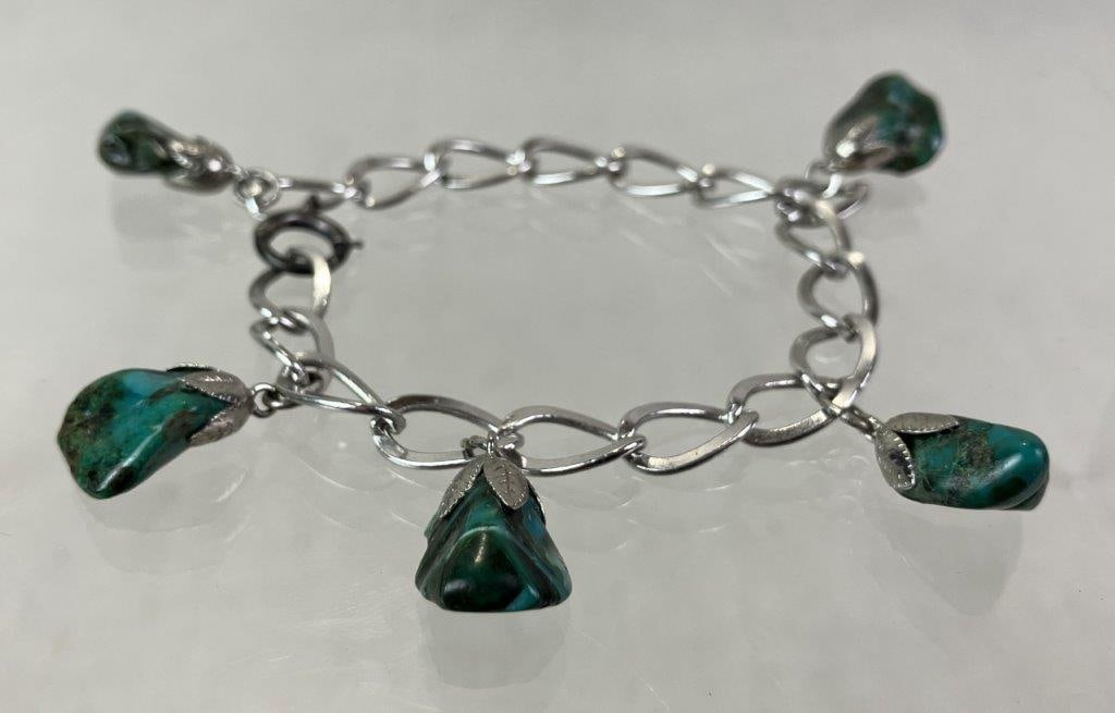 Silvertone Link Bracelet with Turquoise-Tone Stones (1 of 6)