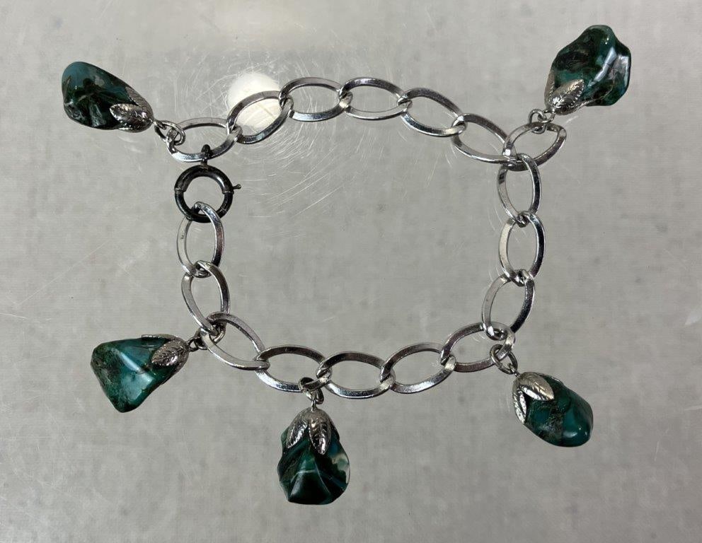 Silvertone Link Bracelet with Turquoise-Tone Stones - 2