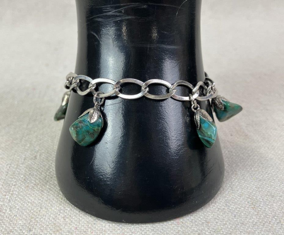 Silvertone Link Bracelet with Turquoise-Tone Stones - 3