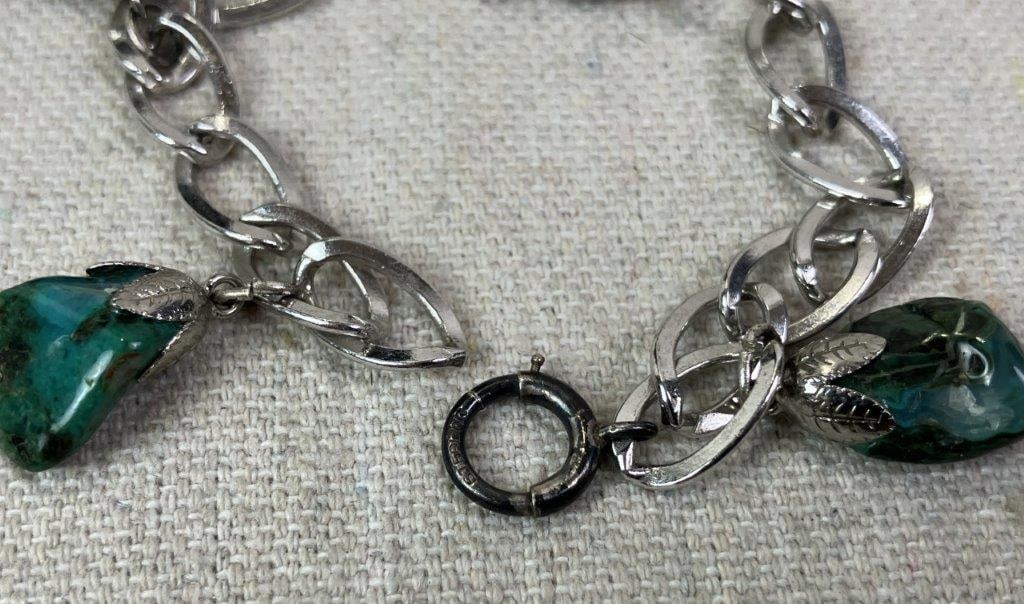 Silvertone Link Bracelet with Turquoise-Tone Stones - 6