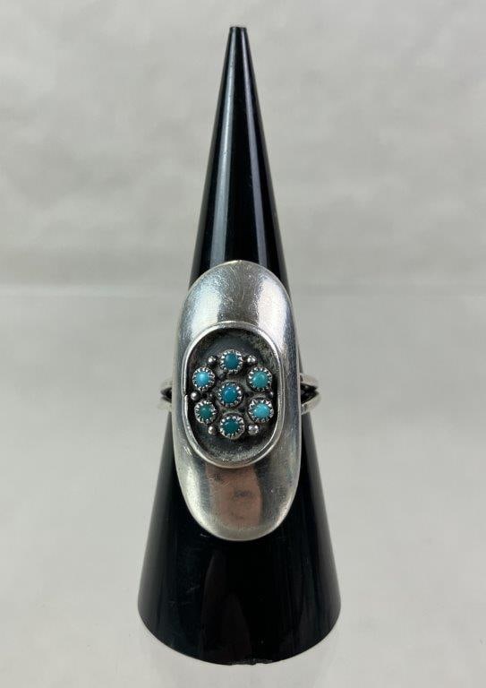 Native American Sterling Silver and Turquoise Petit Point Ring - 2