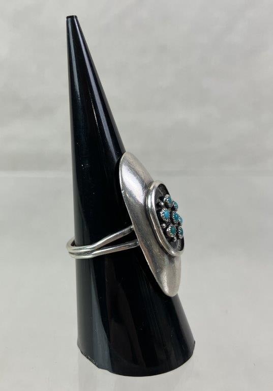 Native American Sterling Silver and Turquoise Petit Point Ring - 3