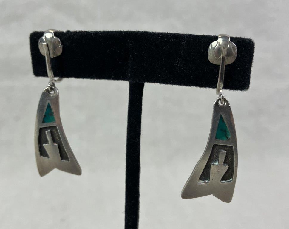 Native American Sterling Silver and Turquoise Inlay Earrings - 2