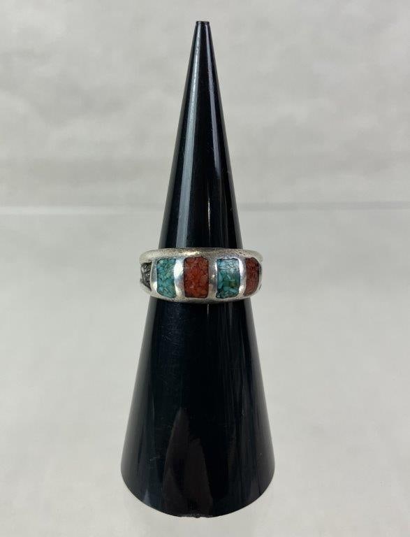 Native American Sterling Silver, Turquoise, and Coral Inlay Ring - 2
