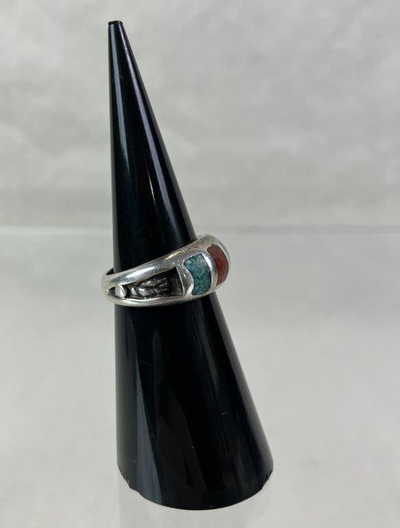 Native American Sterling Silver, Turquoise, and Coral Inlay Ring - 3
