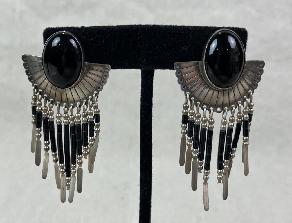 Native American Sterling Silver and Black Onyx Fringe Earrings (1 of 3)