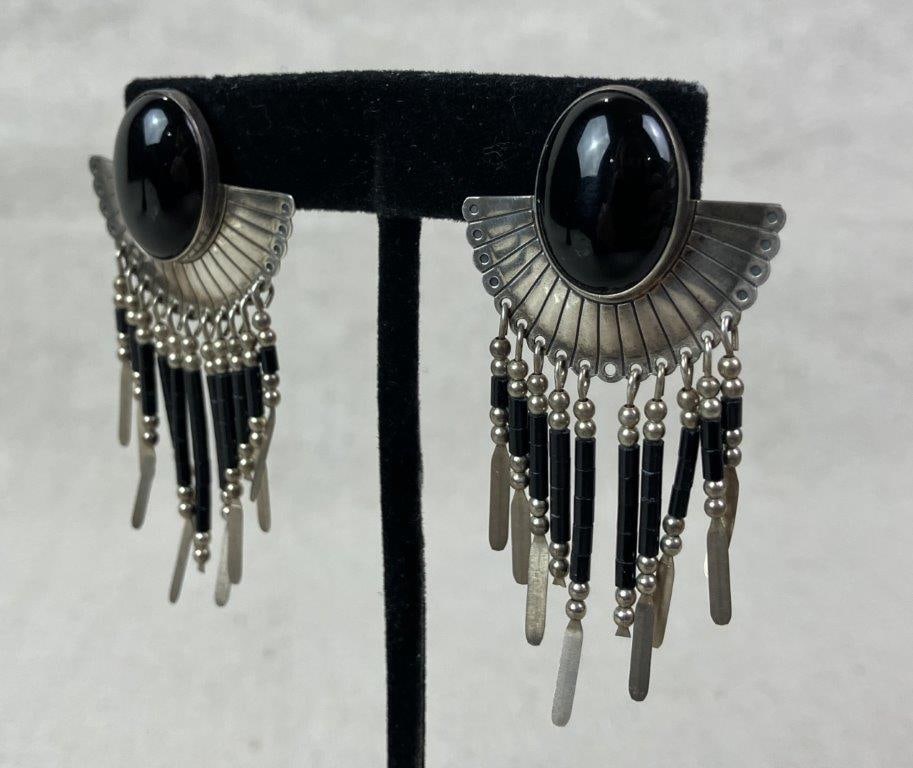 Native American Sterling Silver and Black Onyx Fringe Earrings - 2