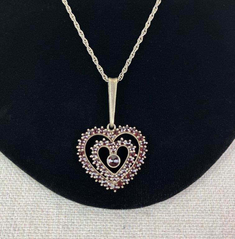 Platinum and Garnet Double Heart Necklace - 2
