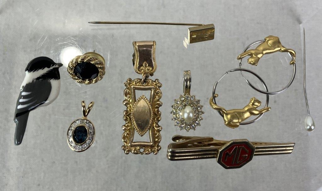 Vintage Jewelry Assortment: Assorted vintage jewelry grouping including a monogrammed goldtone hat pin, an enamel-painted bird brooch, two rhinestone-set pendants (one centered with a faux pearl and one with a blue faceted stone