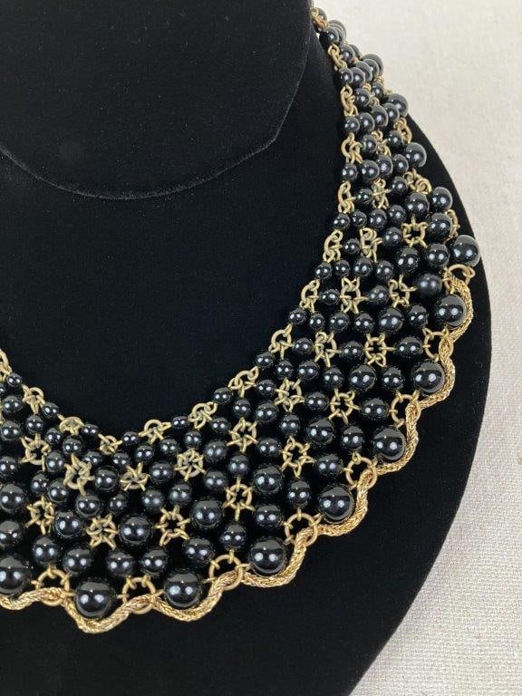 Vintage Multistrand Black Glass Bead Collar Necklace - 2