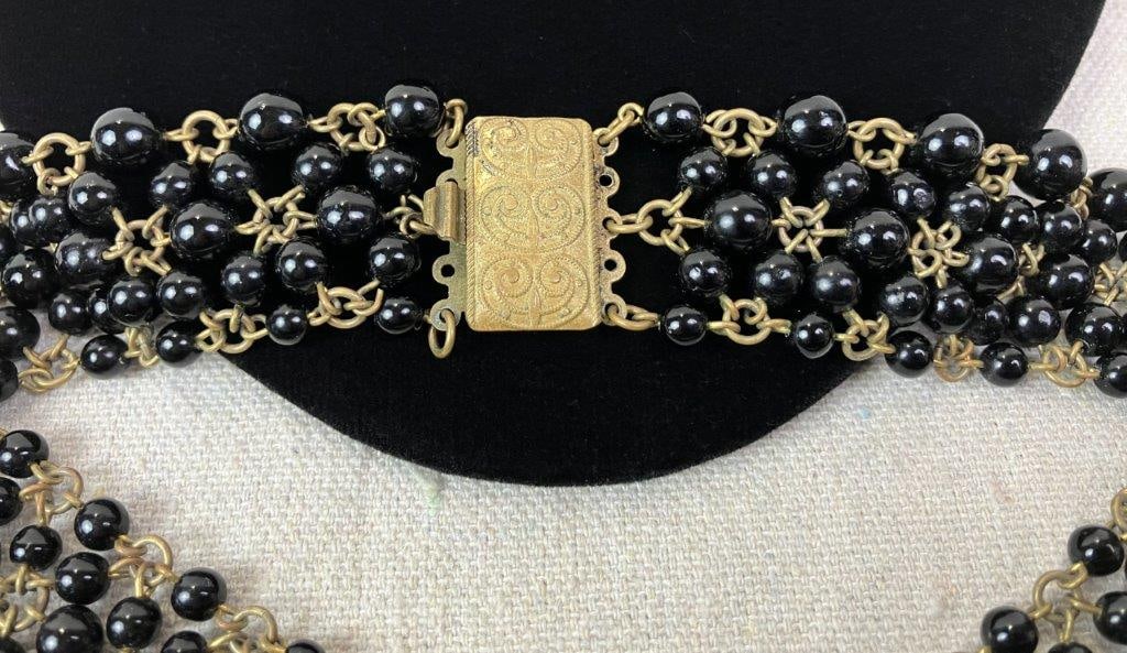 Vintage Multistrand Black Glass Bead Collar Necklace - 3