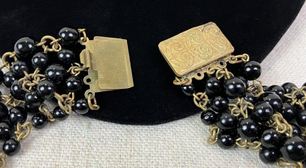 Vintage Multistrand Black Glass Bead Collar Necklace - 5