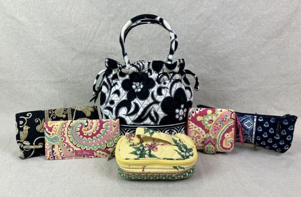 Vera Bradley Purse and Wallet Assortment: Assorted Vera Bradley grouping including a handbag in the “Night and Day” pattern, a quilted cotton brush/pencil case in “Nantucket Navy” paisley, a “Capri Melon” m