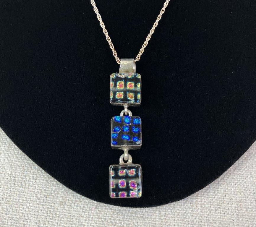 Sterling Silver and Art Glass Three-Pendant Necklace - 2