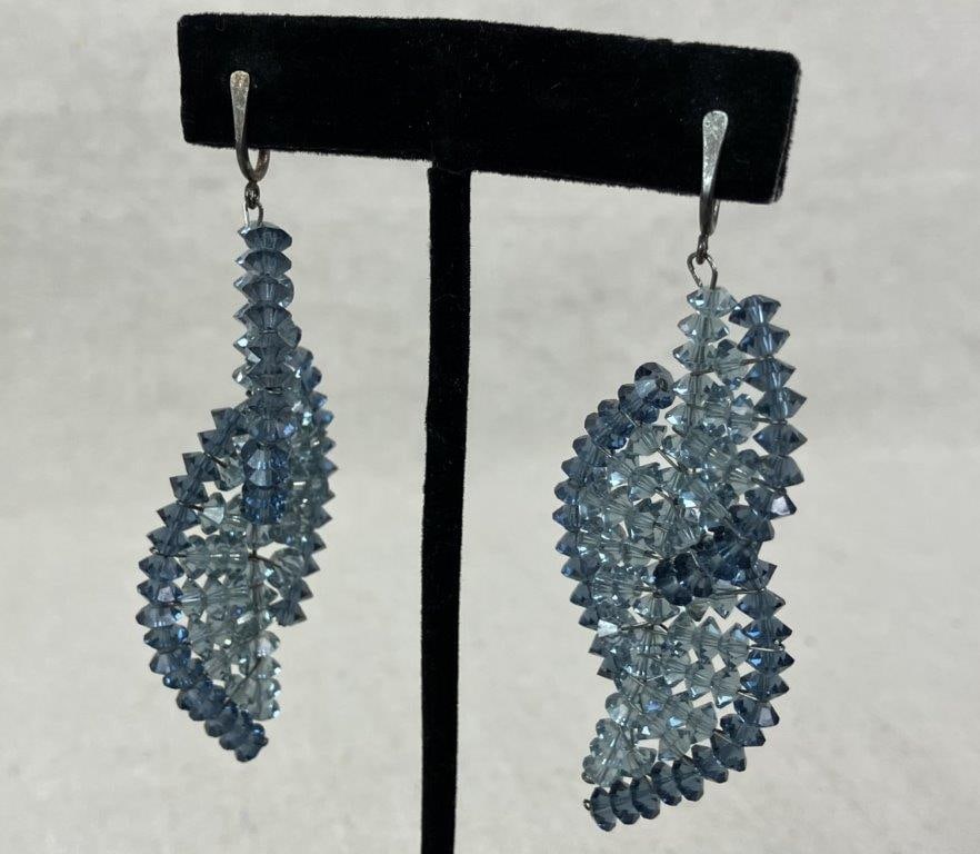 Blue Beaded Leaf Earrings - 2