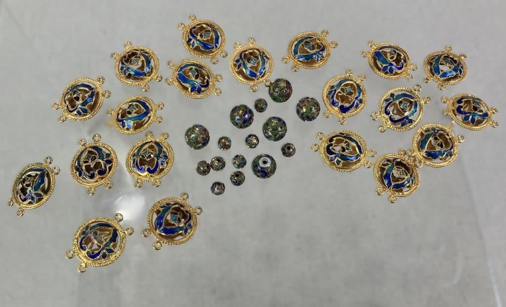 Cloisonné Style Pendant Connectors and Beads Assortment: Group of twenty gold-tone cloisonné style pendant connectors featuring openwork designs with blue and green enameled floral motifs to the center and rope-style borders. Also includes fifteen