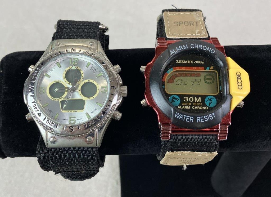 Vintage Zeemex 2000 and Ana-Digi Chronograph: Group of two wristwatches including an analog-digital chronograph featuring traditional analog hands with four digital display windows, stopwatch, alarm, and day/date functions, housed in a