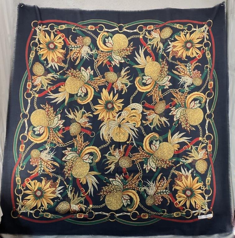 Italian Scarf: Vintage Betmar brand scarf crafted in Italy, featuring traditional decorative elements including horse tack, a feathery cornucopia, and additional ornamental motifs rendered in vibrant blues, greens,