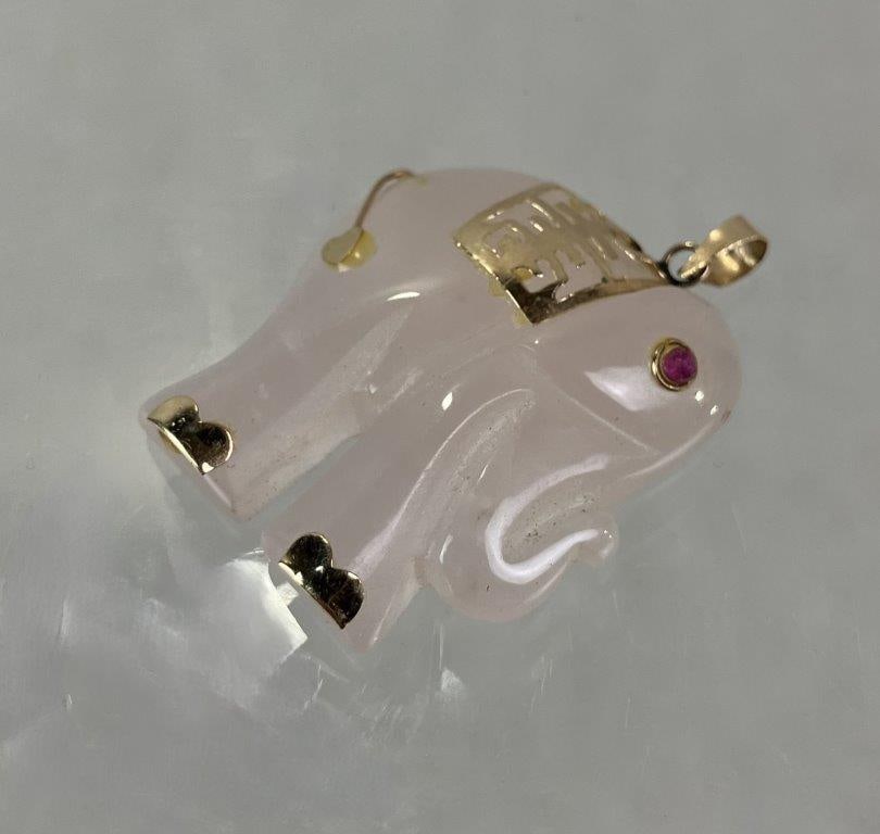 Rose Quartz Elephant Pendant with 10K Gold - 2