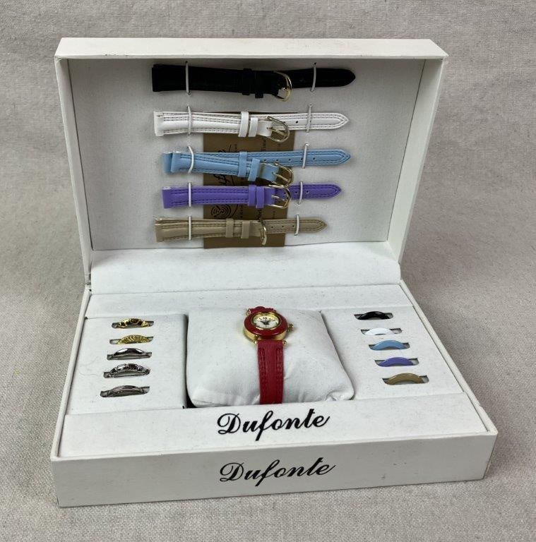 Dufonte by Lucien Piccard Women’s Interchangeable Watch Set: Dufonte by Lucien Piccard women’s interchangeable watch set featuring a gold-tone watch body with eleven screw-on bezels in assorted colors including red, lavender, light blue, as well as