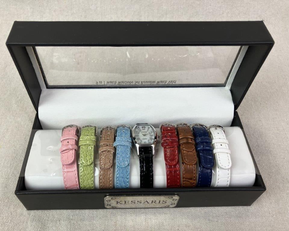 Kessaris Women's Wristwatch Set: Kessaris women's wristwatch set featuring a tonneau-shaped silver-tone watch head with mother-of-pearl dial and quartz movement. Includes nine interchangeable textured leather straps in assorted